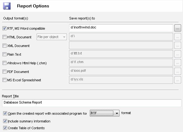 DTM Schema Reporter: Report output options